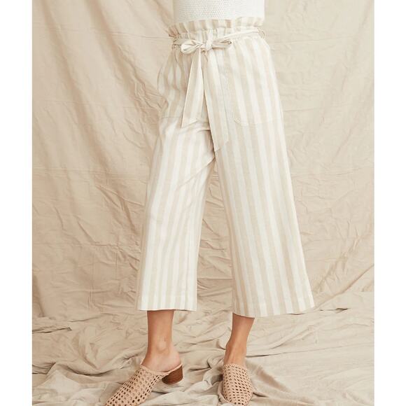 Marine Layer Caroline Pant in Tan/White Stripe‎ Wide Leg Flowy Hemp Size Small - Picture 2 of 11